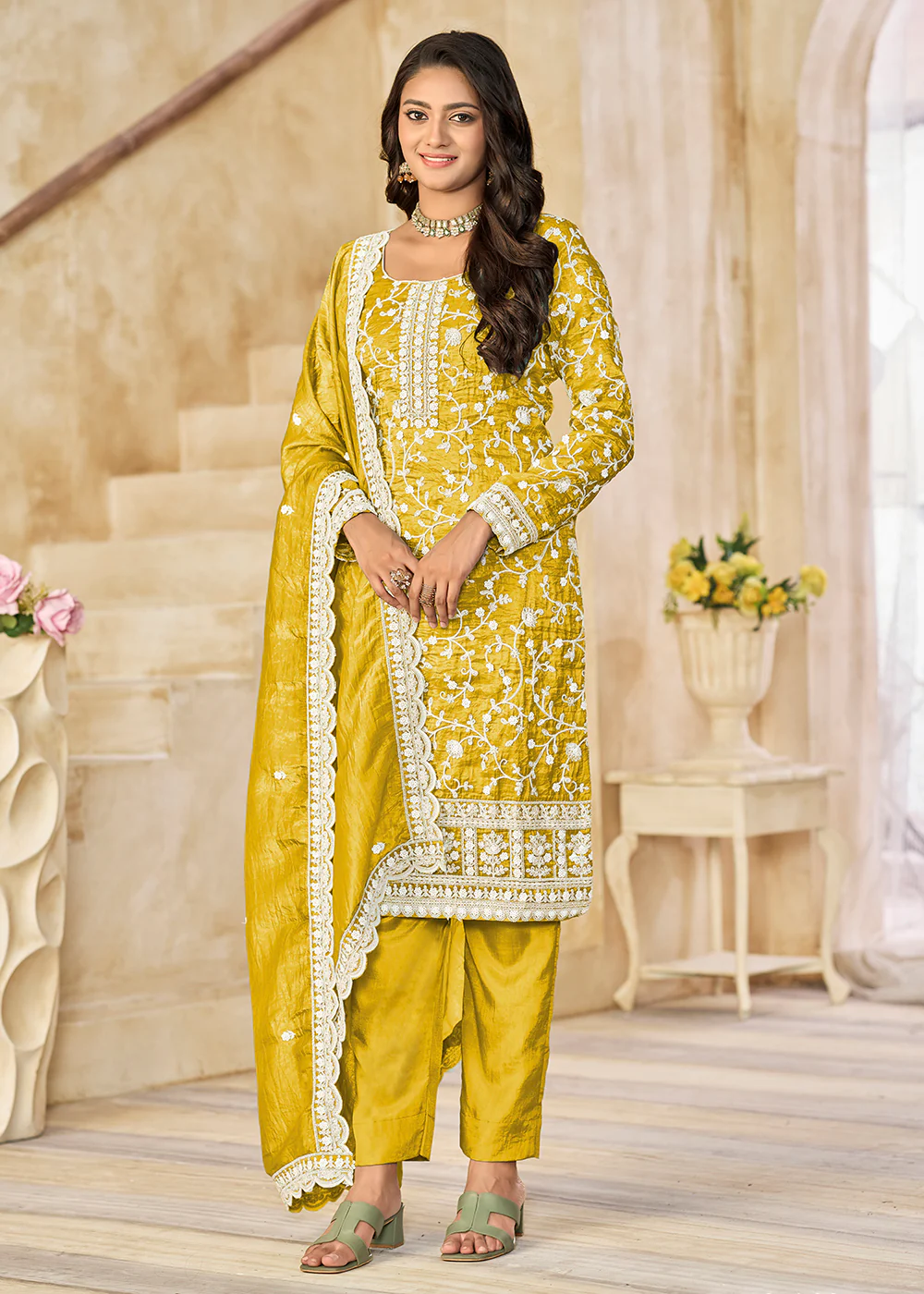 Amazing Yellow Organza Material Pant Style Suit