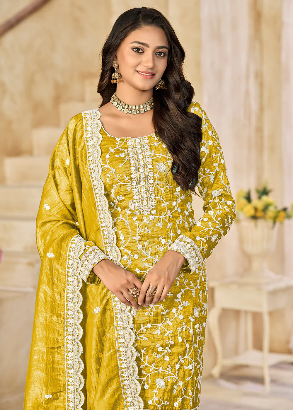 Amazing Yellow Organza Material Pant Style Suit - Image 2