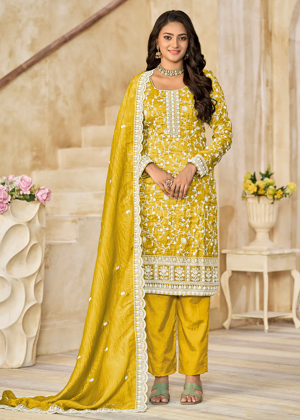 Amazing Yellow Organza Material Pant Style Suit - Image 3
