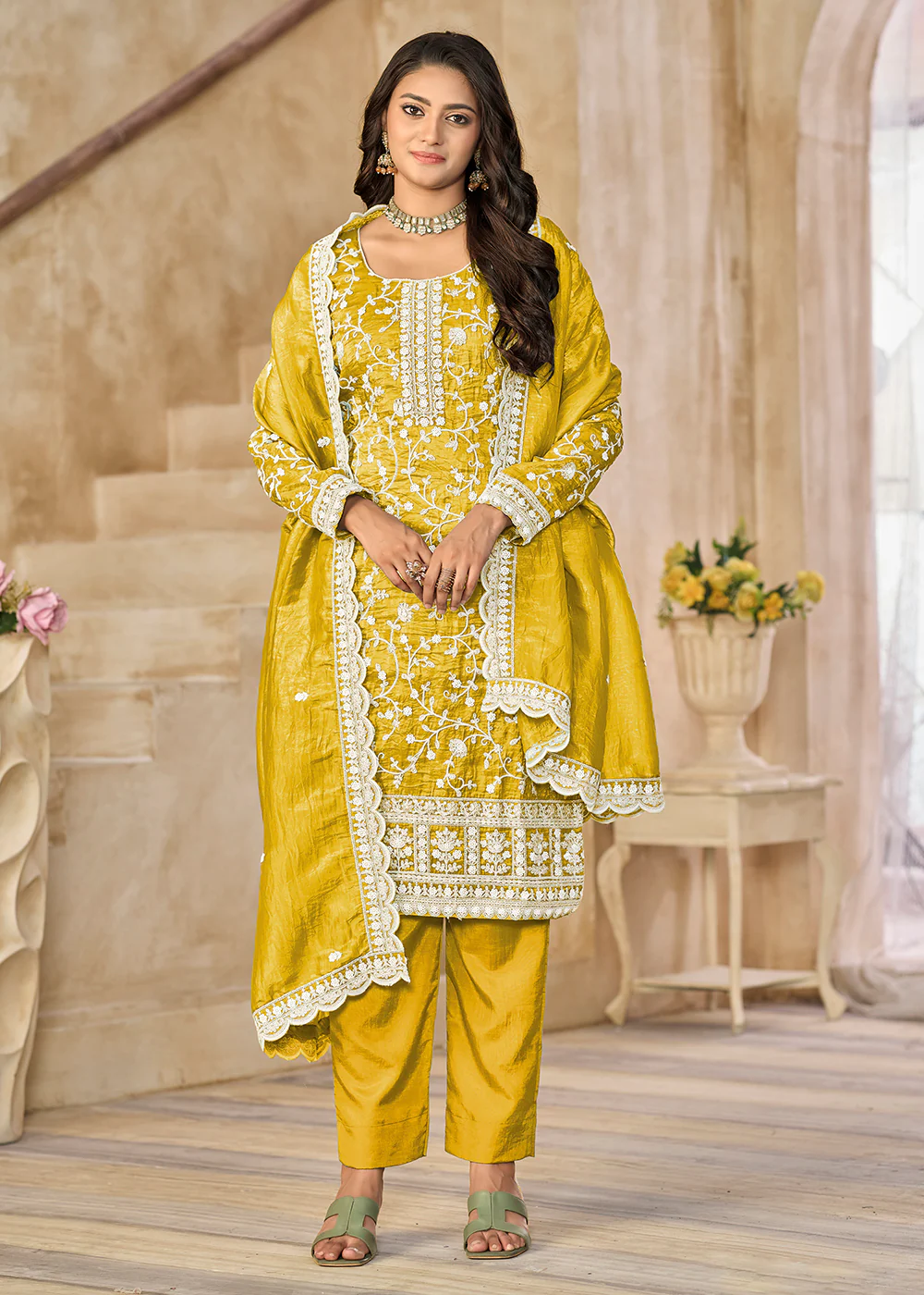 Amazing Yellow Organza Material Pant Style Suit - Image 4