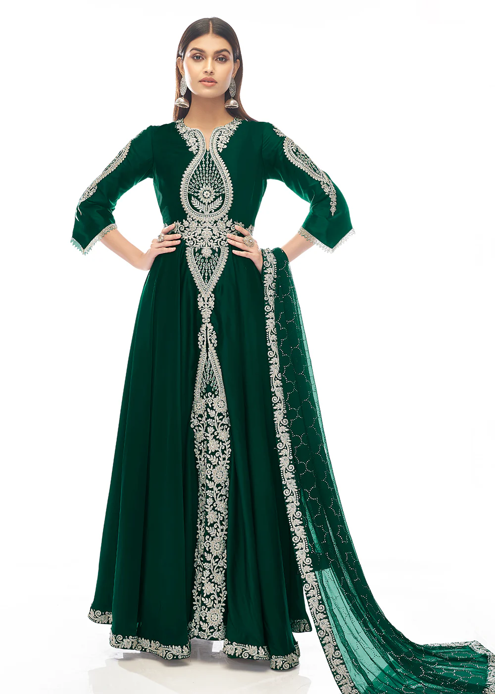 Amazonas Green Jewel Style Work Satin Wedding Anarkali Suit