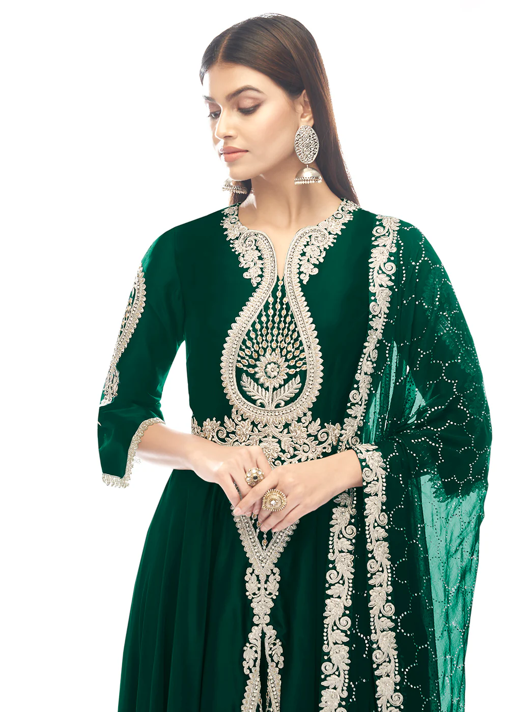 Amazonas Green Jewel Style Work Satin Wedding Anarkali Suit - Image 2