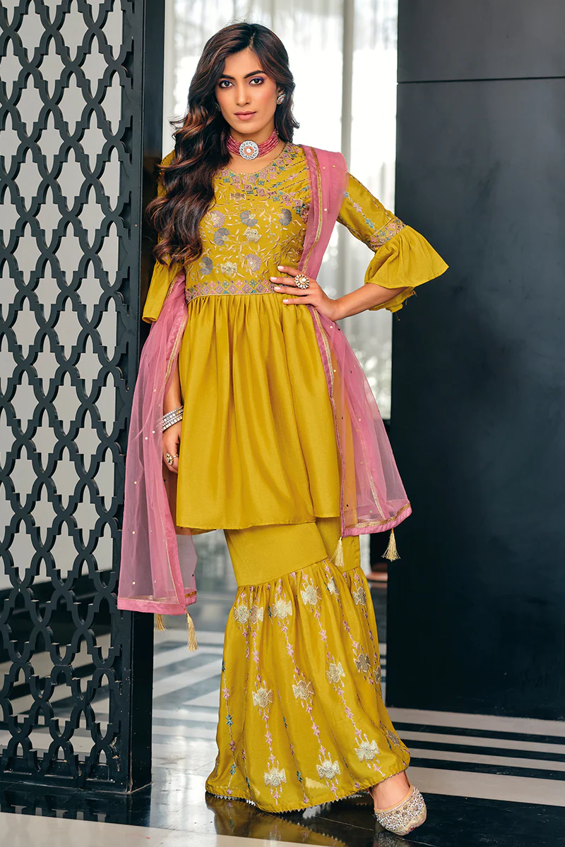Amber Yellow Bell Sleeves Peplum Sharara Suit
