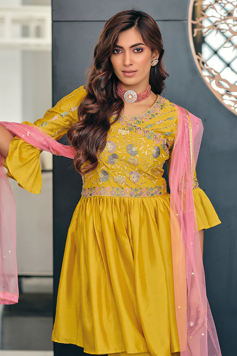 Amber Yellow Bell Sleeves Peplum Sharara Suit - Image 2
