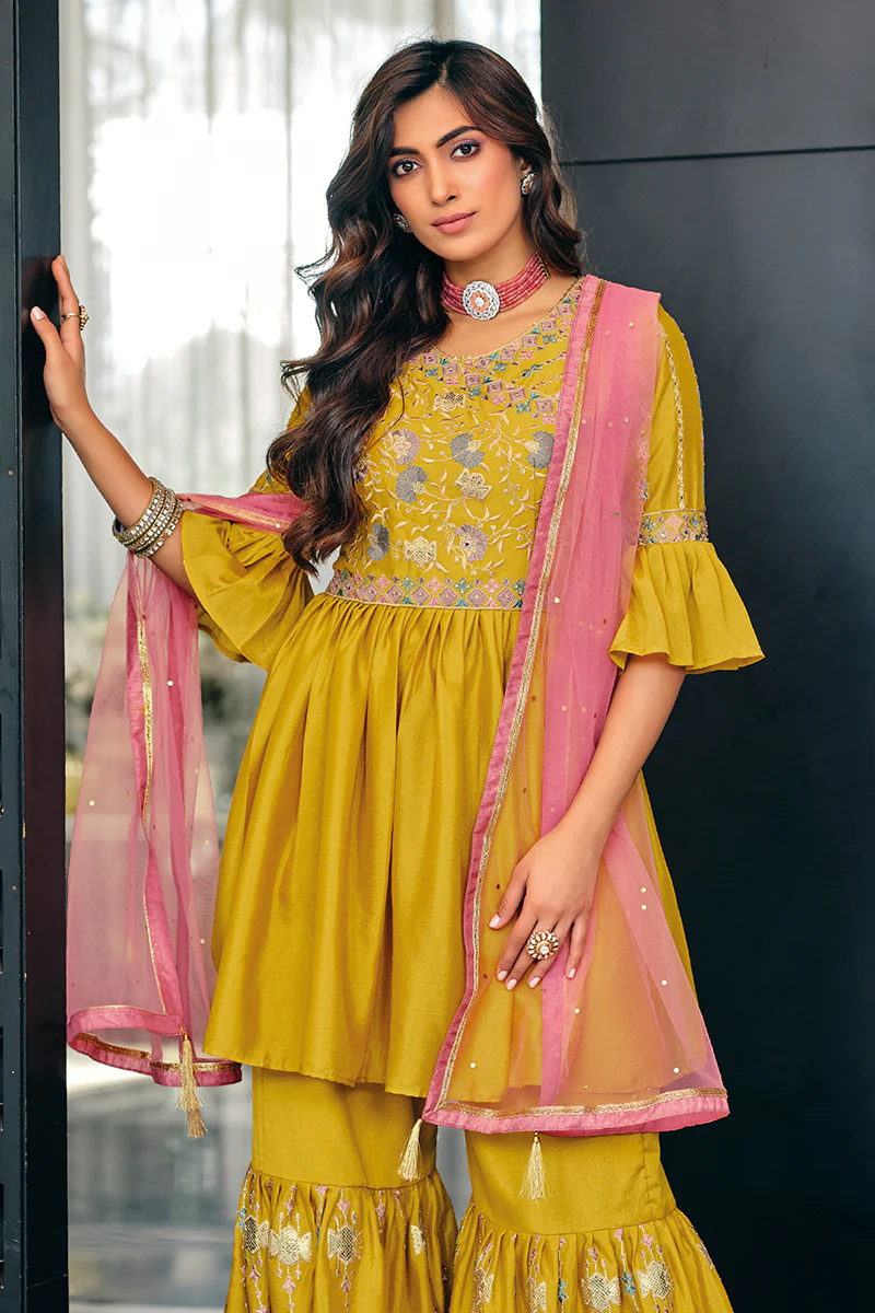 Amber Yellow Bell Sleeves Peplum Sharara Suit - Image 3