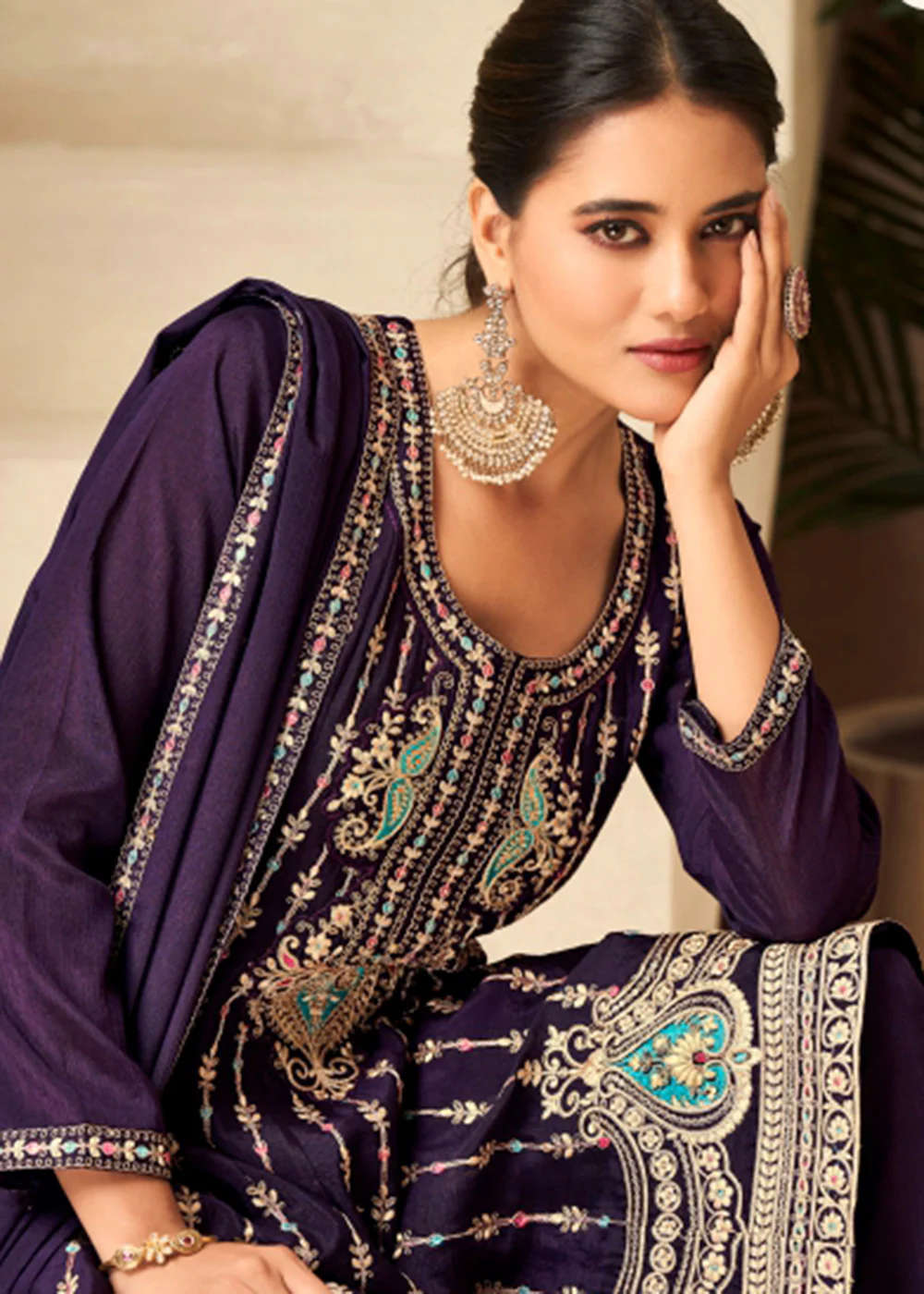 Amethyst Purple Heavy Chinnon Wedding Festive Salwar Suit - Image 2