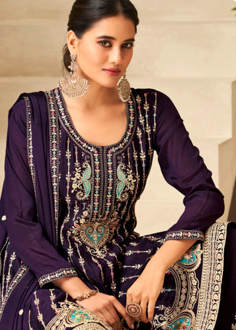 Amethyst Purple Heavy Chinnon Wedding Festive Salwar Suit - Image 4