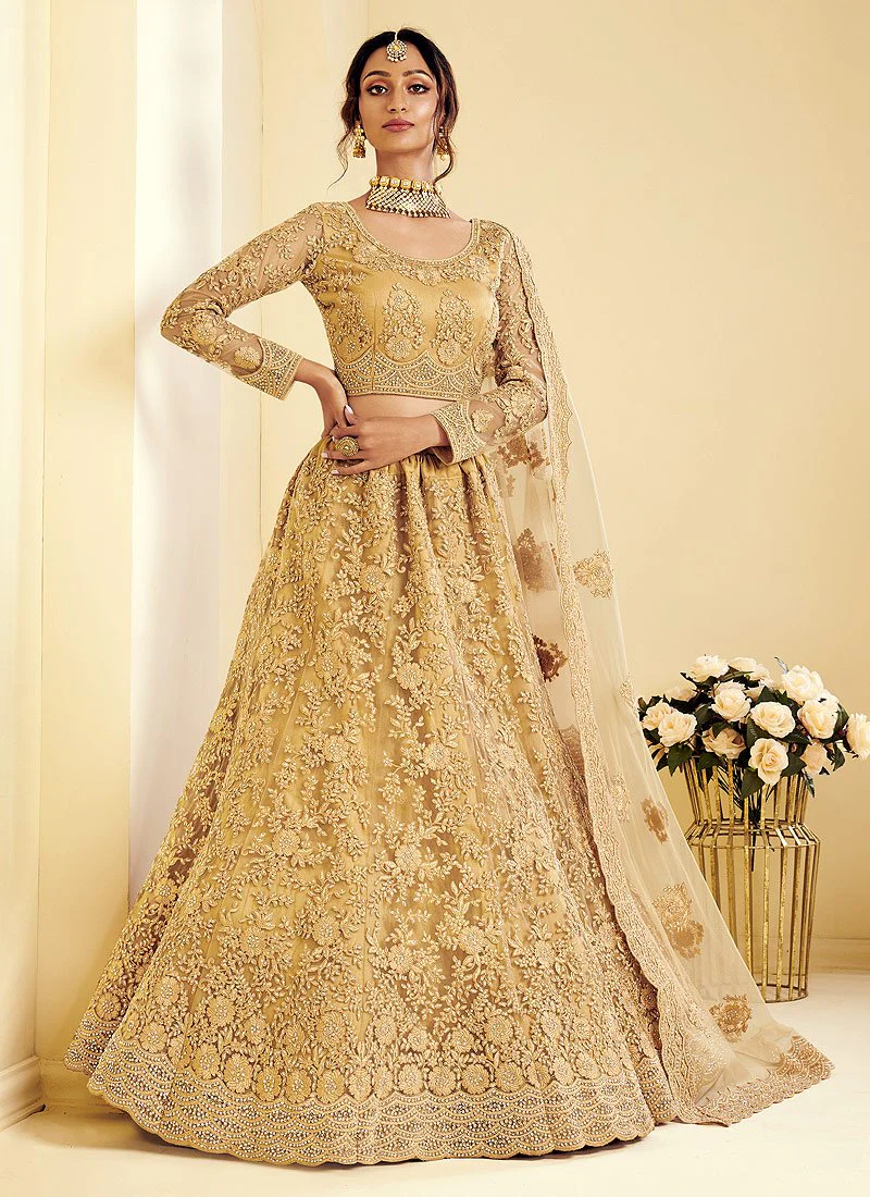 Antique Golden Pearl Embroidered Wedding Lehenga Choli