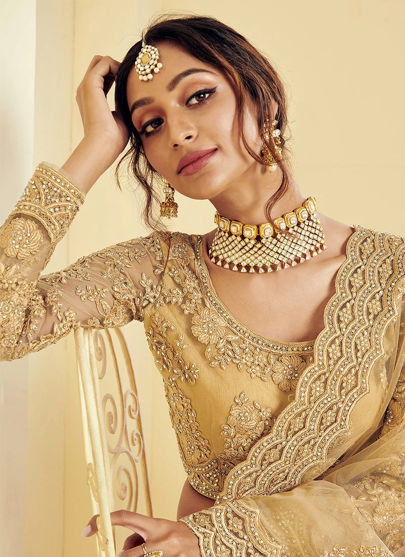 Antique Golden Pearl Embroidered Wedding Lehenga Choli - Image 2