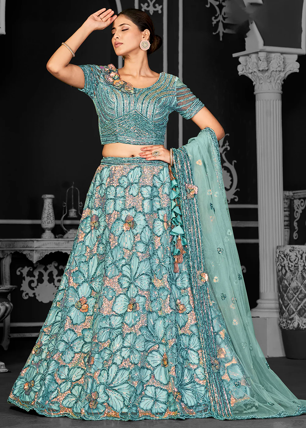 Appealing Aqua Net Embroidered Bridal Party Lehenga Choli