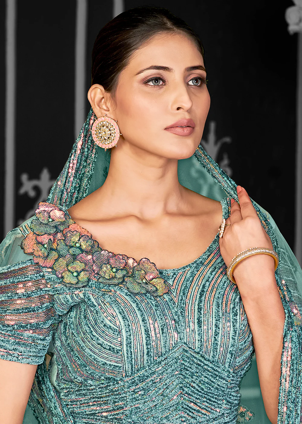 Appealing Aqua Net Embroidered Bridal Party Lehenga Choli - Image 2