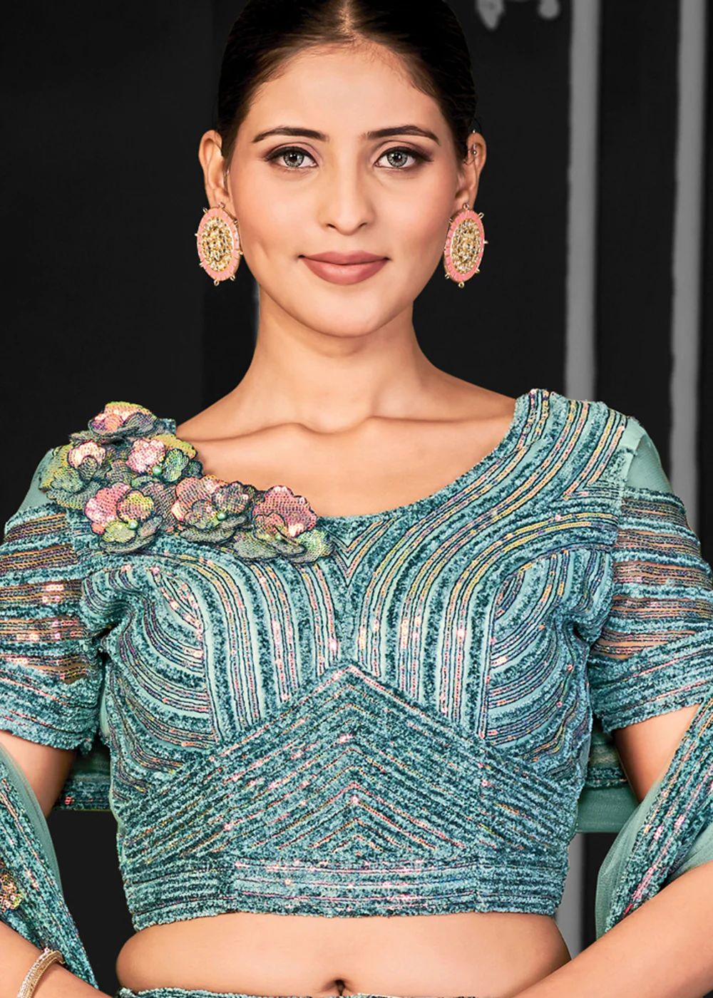 Appealing Aqua Net Embroidered Bridal Party Lehenga Choli - Image 3