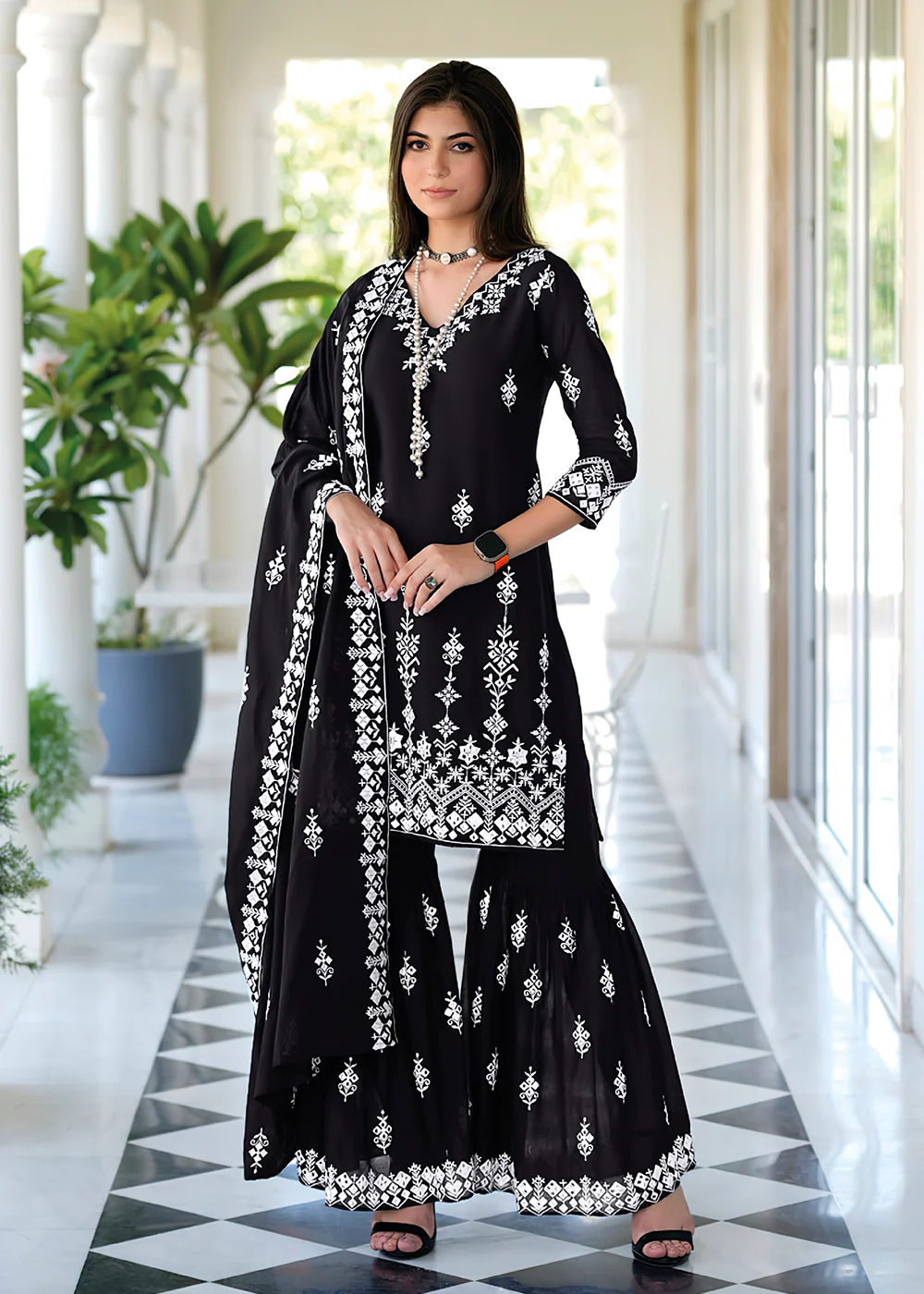 Appealing Black Mal Mal Embroidered Festive Sharara Suit - Image 3