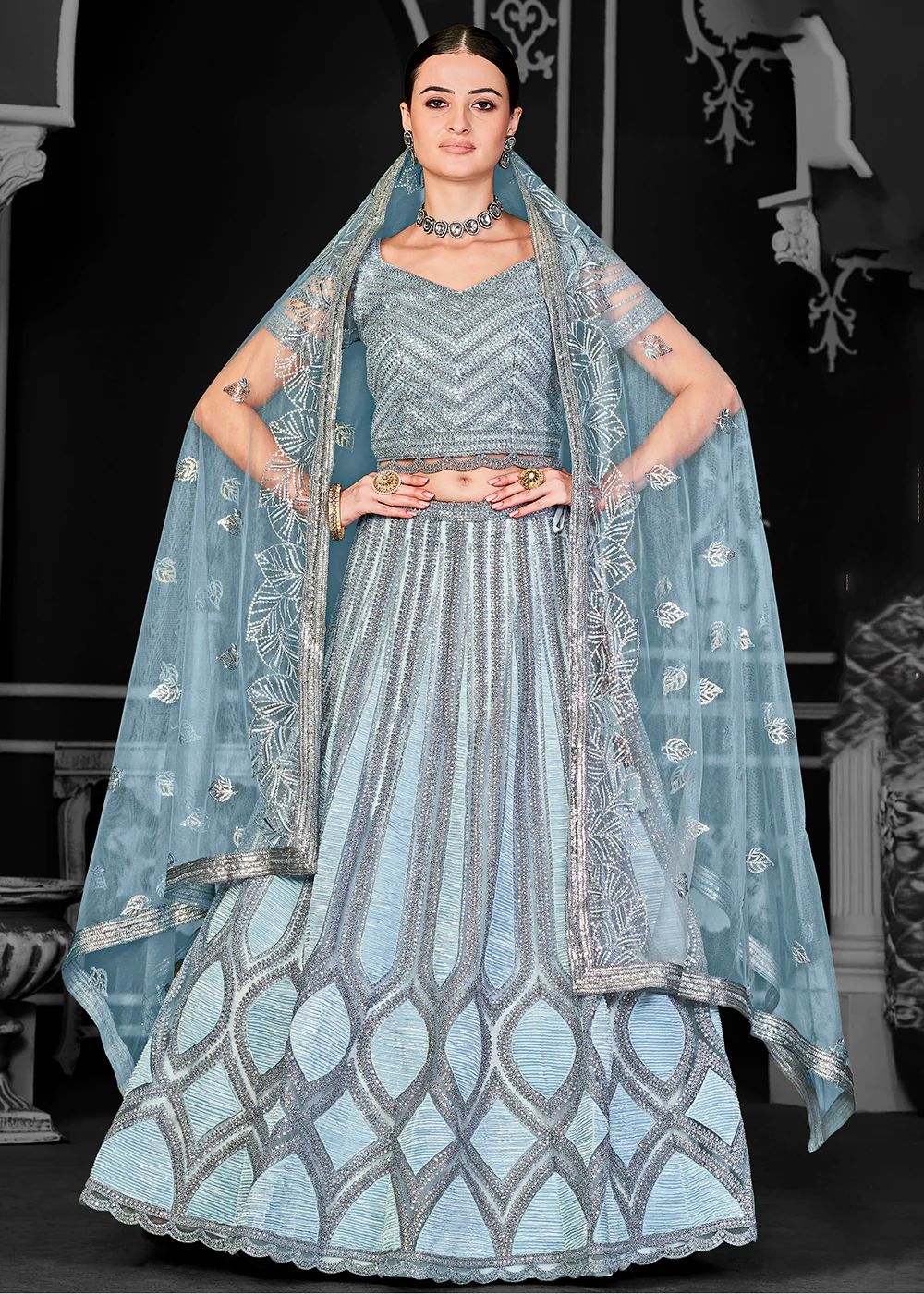 Appealing Blue Net Embroidered Bridal Party Lehenga Choli