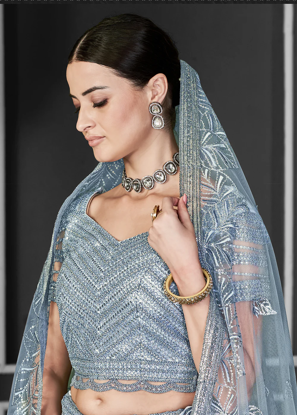 Appealing Blue Net Embroidered Bridal Party Lehenga Choli - Image 3