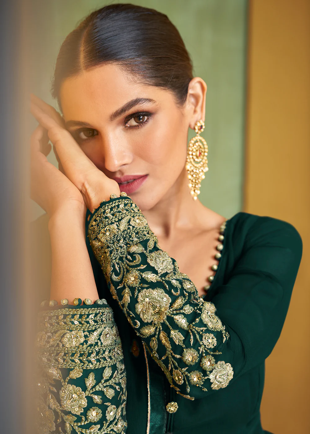 Appealing Bottle Green Wedding Embroidered Bridal Anarkali Gown - Image 2