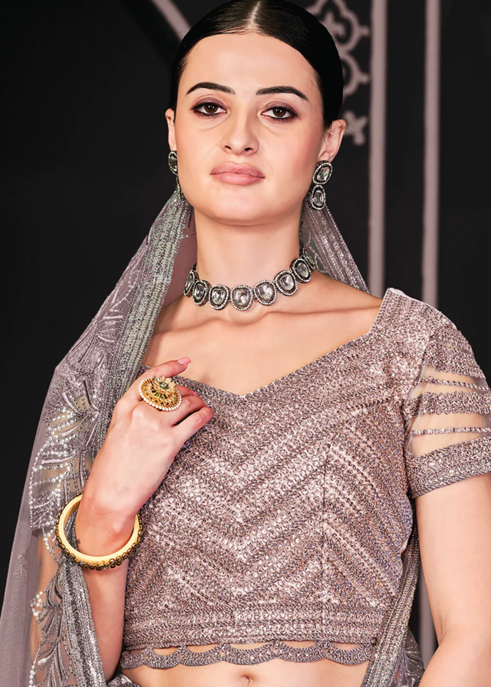 Appealing Brown Net Embroidered Bridal Party Lehenga Choli - Image 2