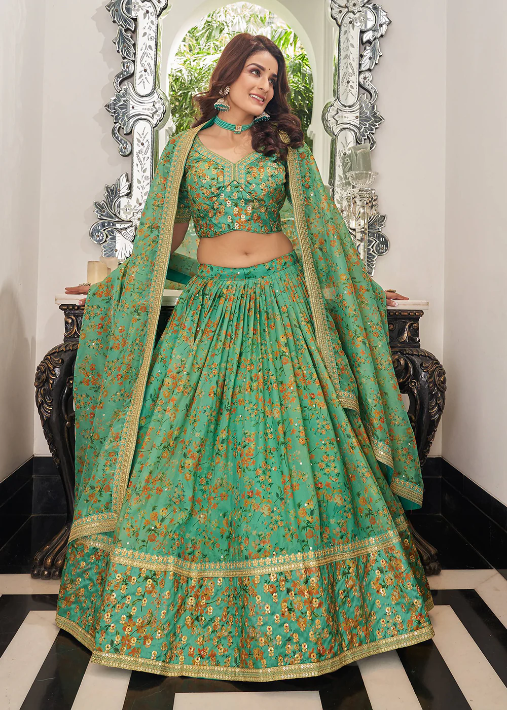 Appealing Green Organza Heavy Embroidery Wedding Lehenga Choli
