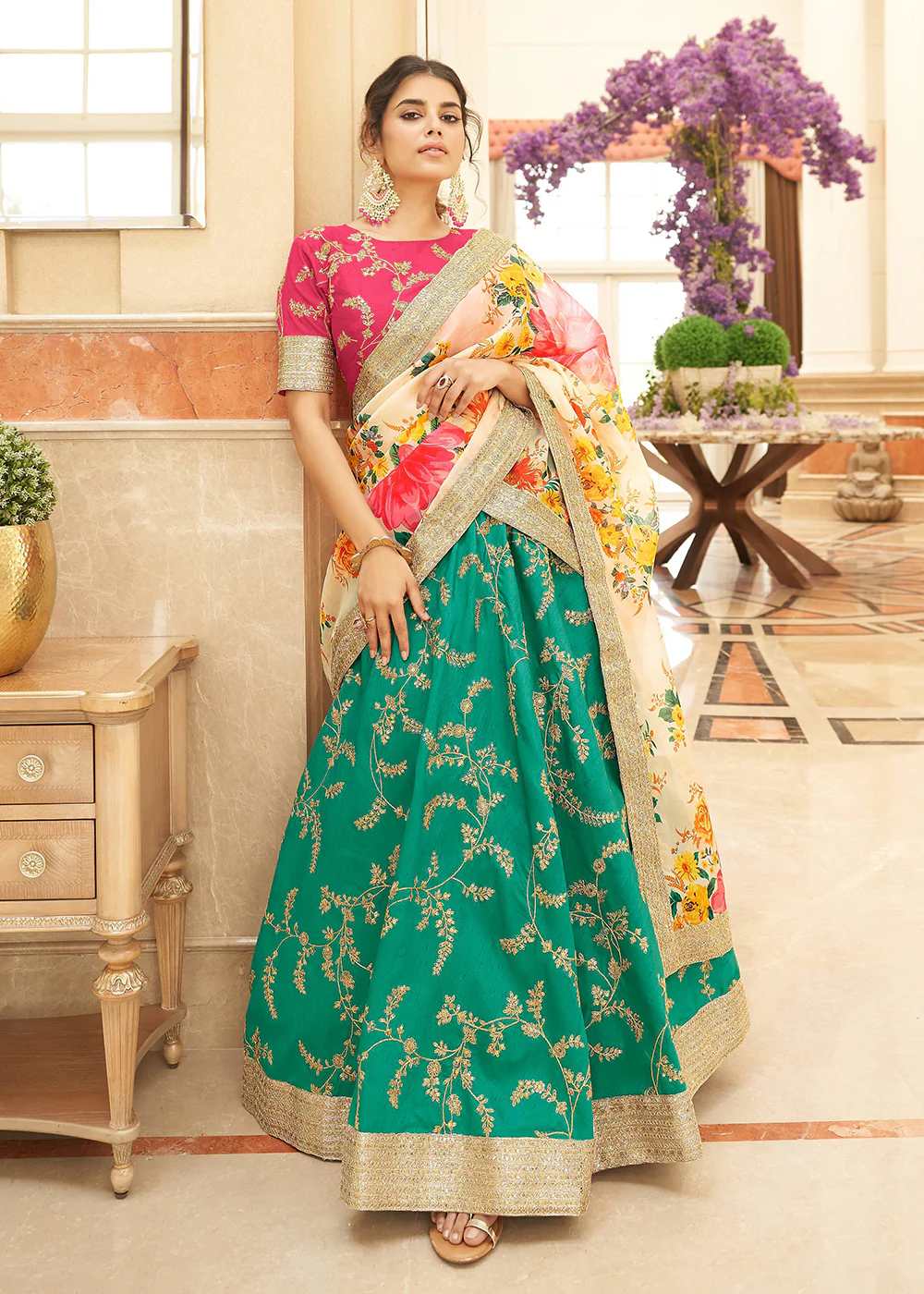 Appealing Green & Pink Art Silk Embroidery Wedding Lehenga Choli - Image 3