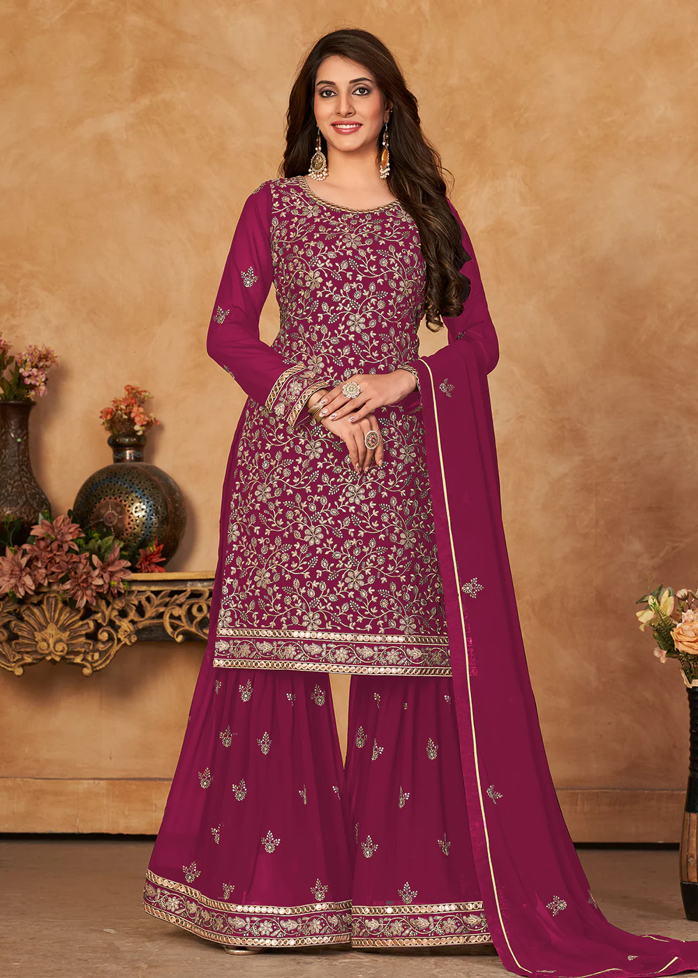 Appealing Magenta Pink Embroidered Ceremonial Gharara Suit - Image 3