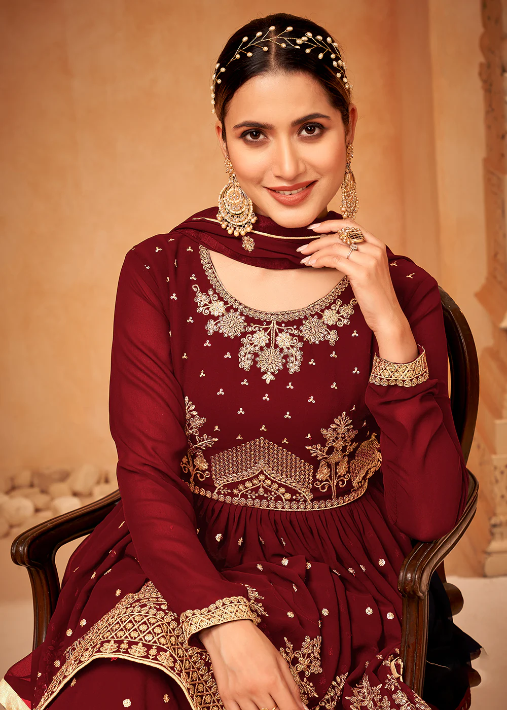 Appealing Maroon Embroidered Wedding Festive Gharara Suit - Image 2