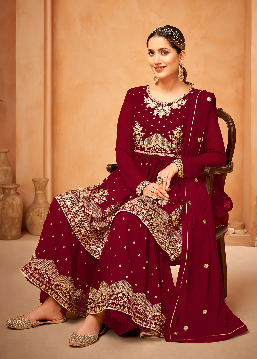 Appealing Maroon Embroidered Wedding Festive Gharara Suit - Image 3