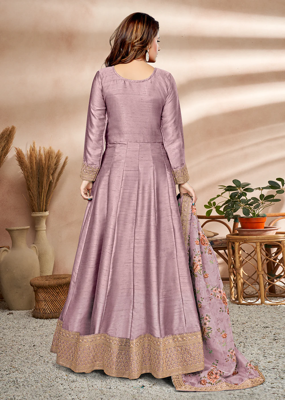 Appealing Mauve Art Silk Embellished Wedding & Party Wear Anarkali - Image 3
