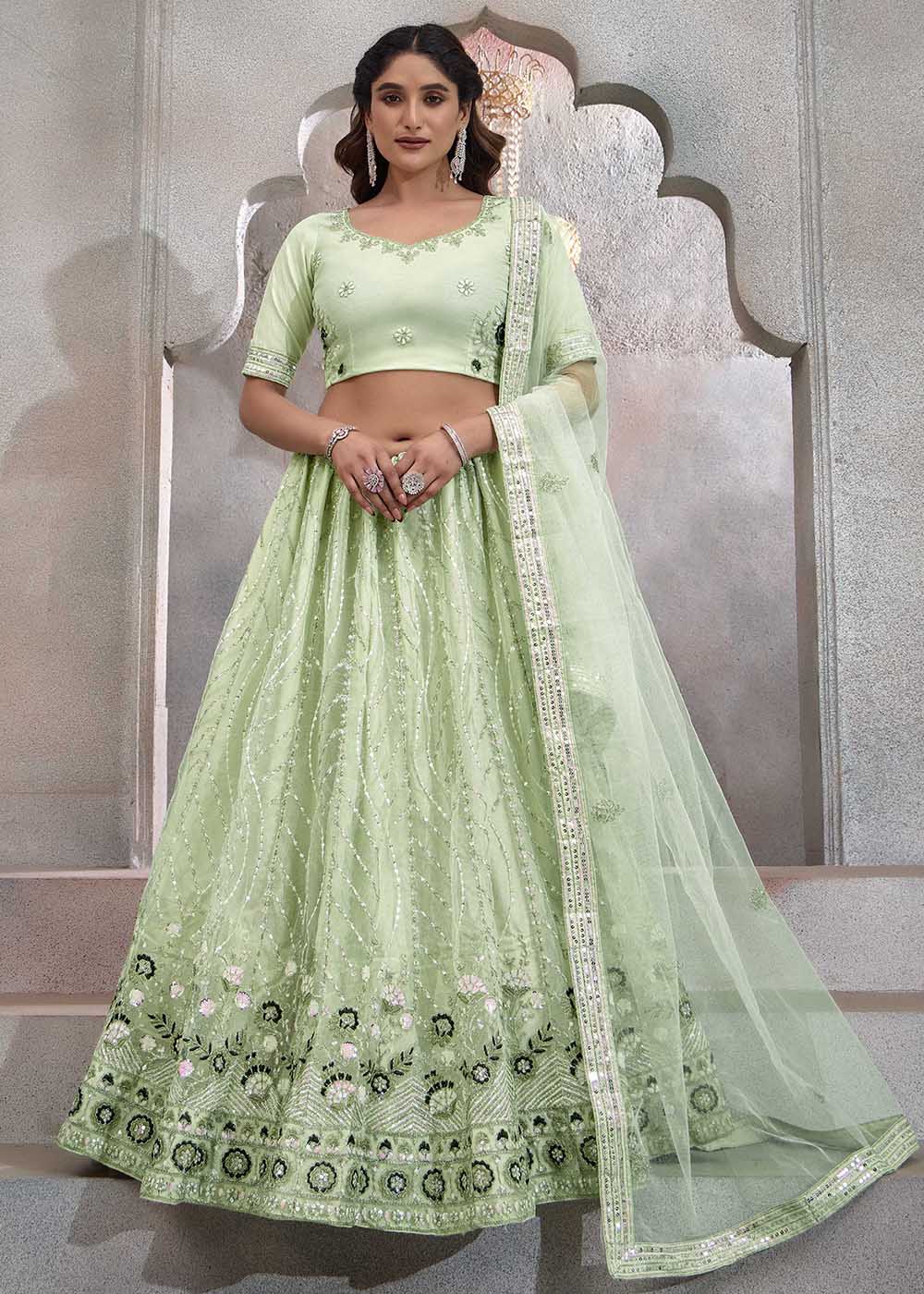Appealing Mint Green Embroidered Festive Lehenga Choli
