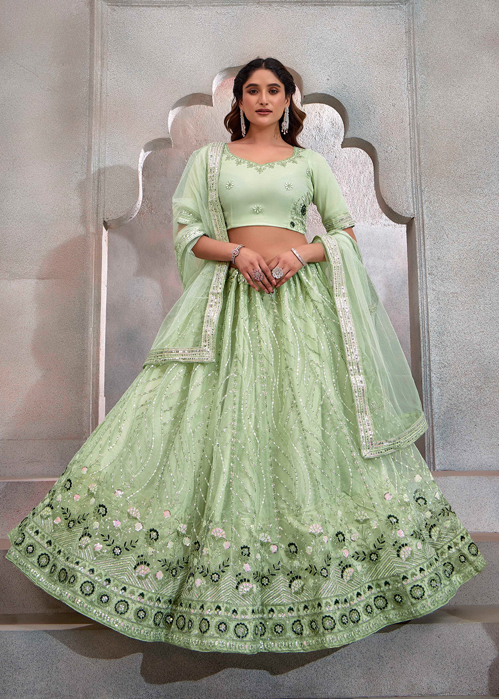 Appealing Mint Green Embroidered Festive Lehenga Choli - Image 4