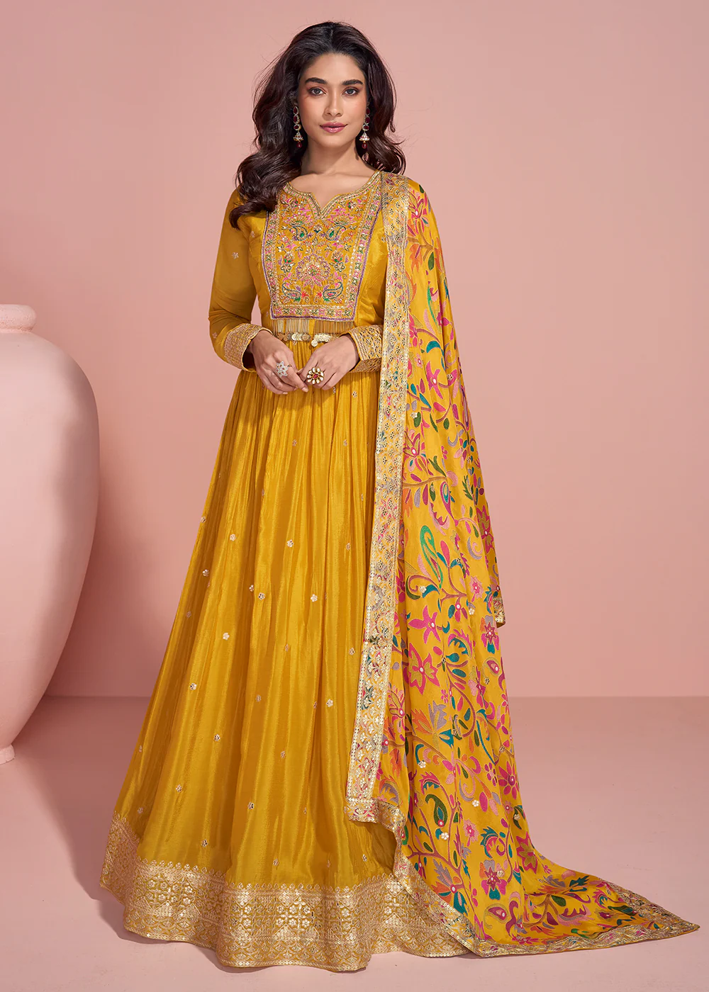 Appealing Mustard Embroidered Chinnon Silk Anarkali Gown