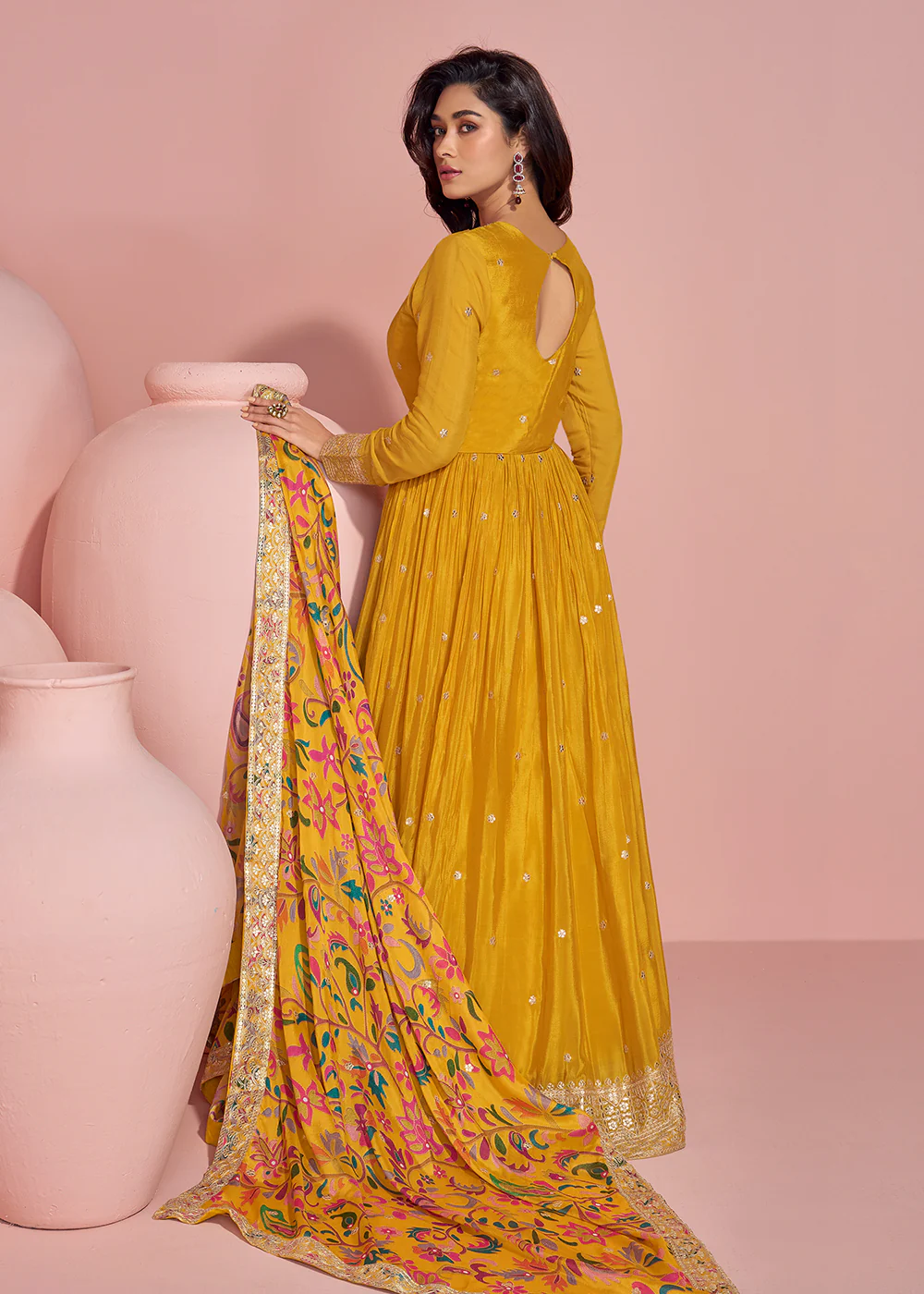 Appealing Mustard Embroidered Chinnon Silk Anarkali Gown - Image 3
