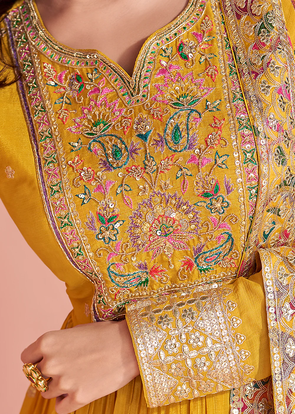 Appealing Mustard Embroidered Chinnon Silk Anarkali Gown - Image 4