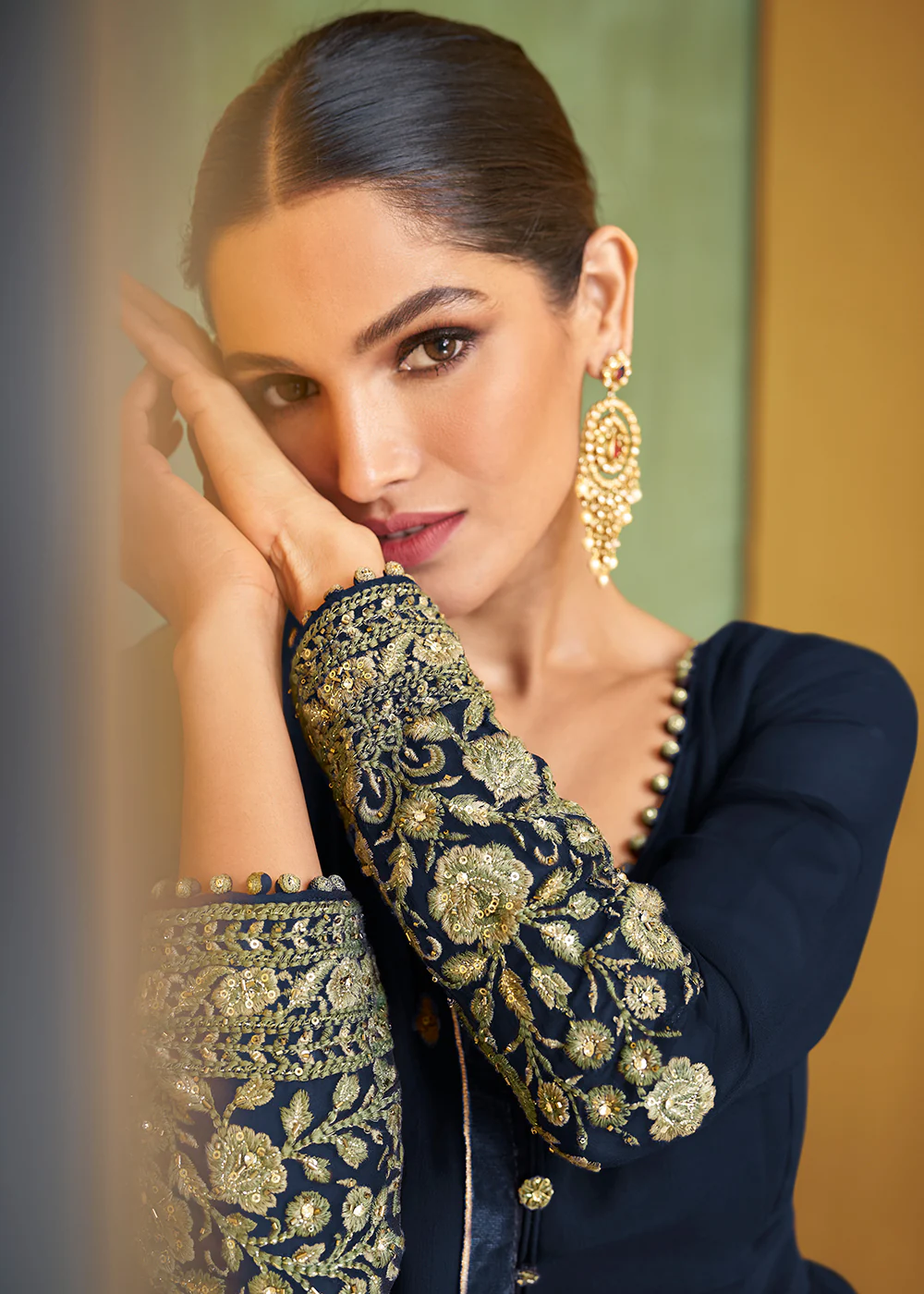 Appealing Navy Blue Wedding Embroidered Bridal Anarkali Gown - Image 2