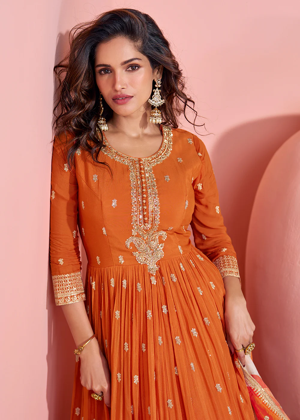 Appealing Orange Embroidered Chinnon Silk Anarkali Gown - Image 2