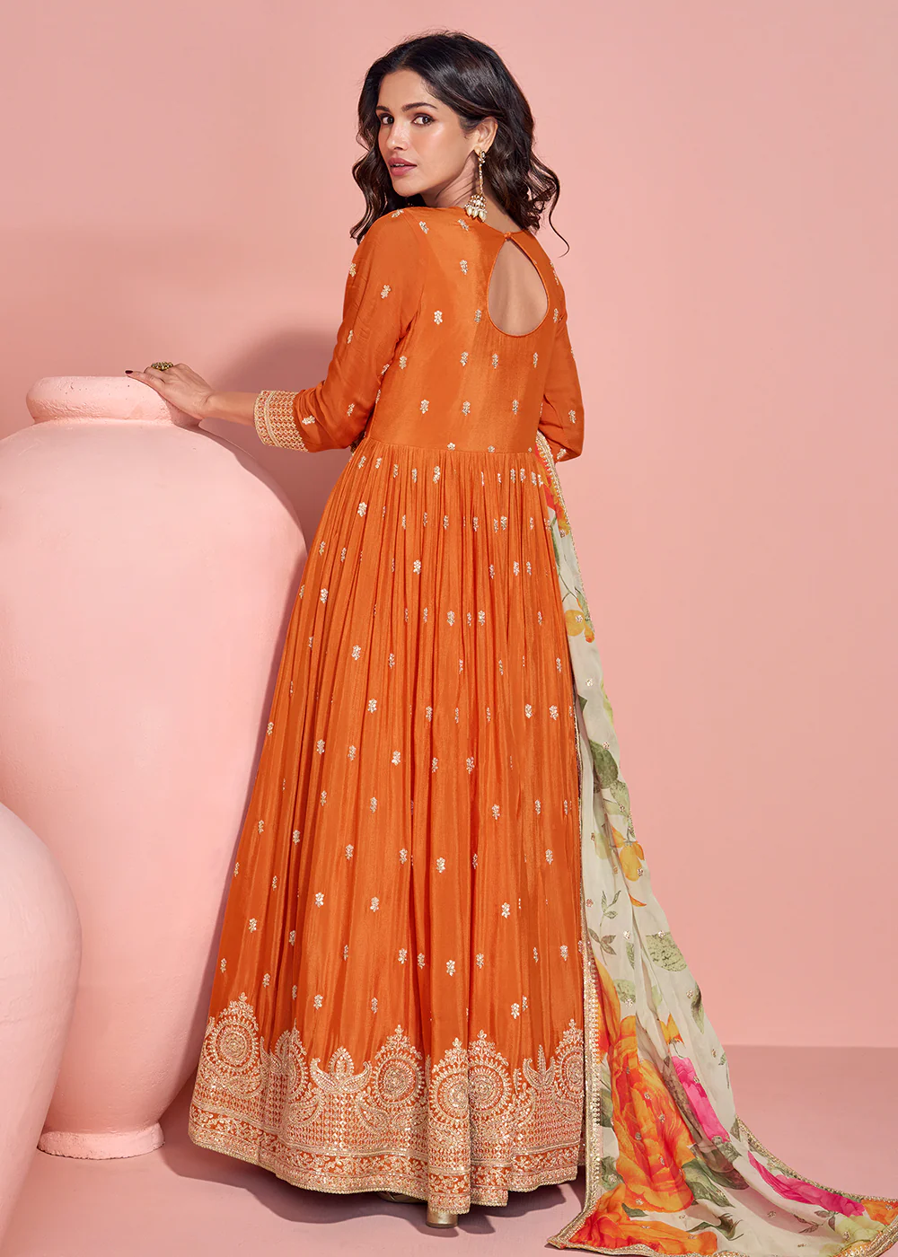 Appealing Orange Embroidered Chinnon Silk Anarkali Gown - Image 3