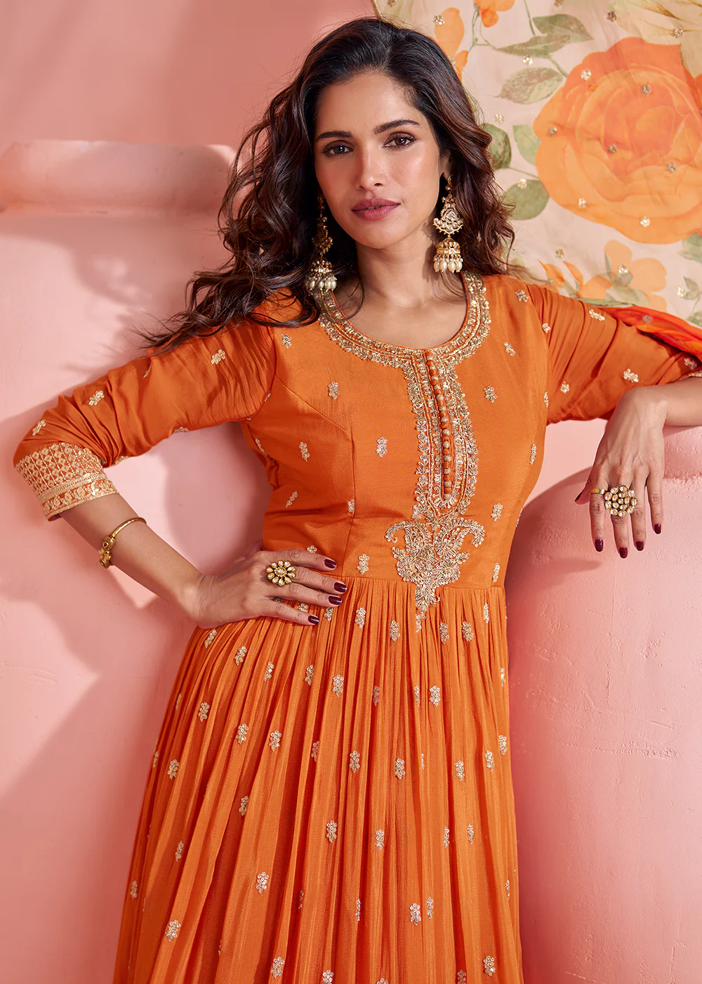 Appealing Orange Embroidered Chinnon Silk Anarkali Gown - Image 4