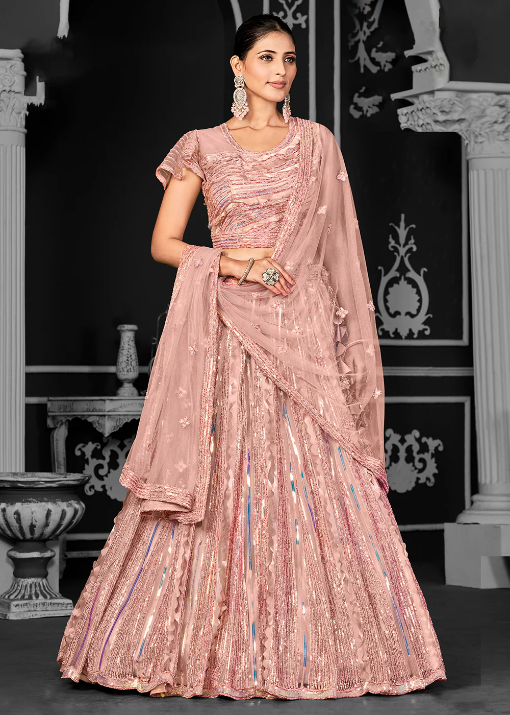 Appealing Peach Net Embroidered Bridal Party Lehenga Choli