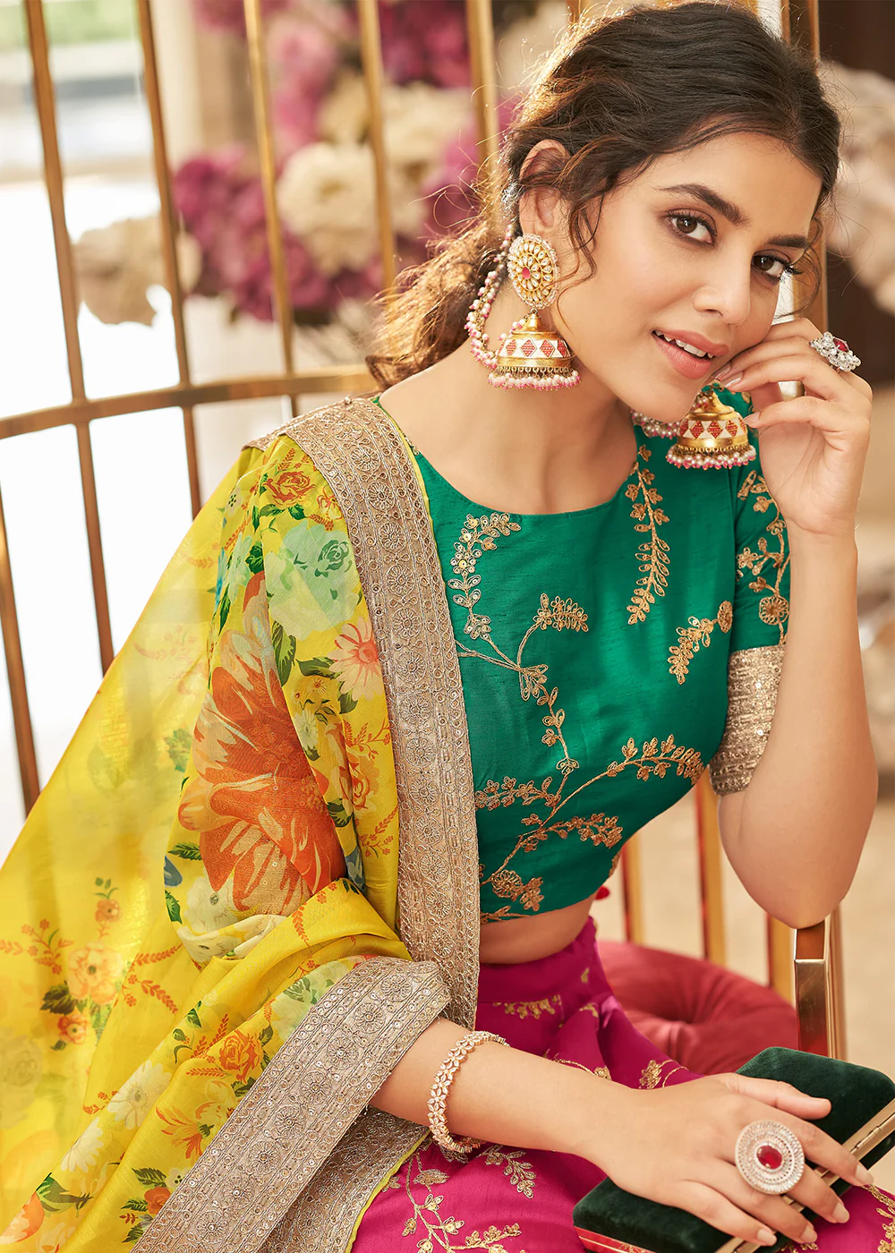 Appealing Pink & Green Art Silk Embroidery Wedding Lehenga Choli - Image 2
