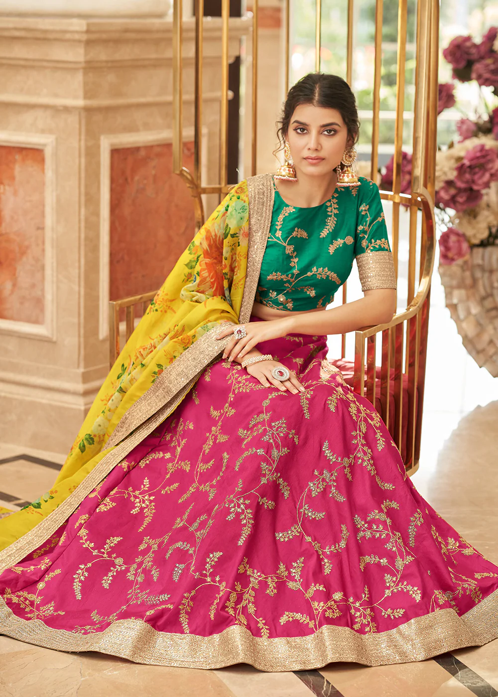 Appealing Pink & Green Art Silk Embroidery Wedding Lehenga Choli - Image 3