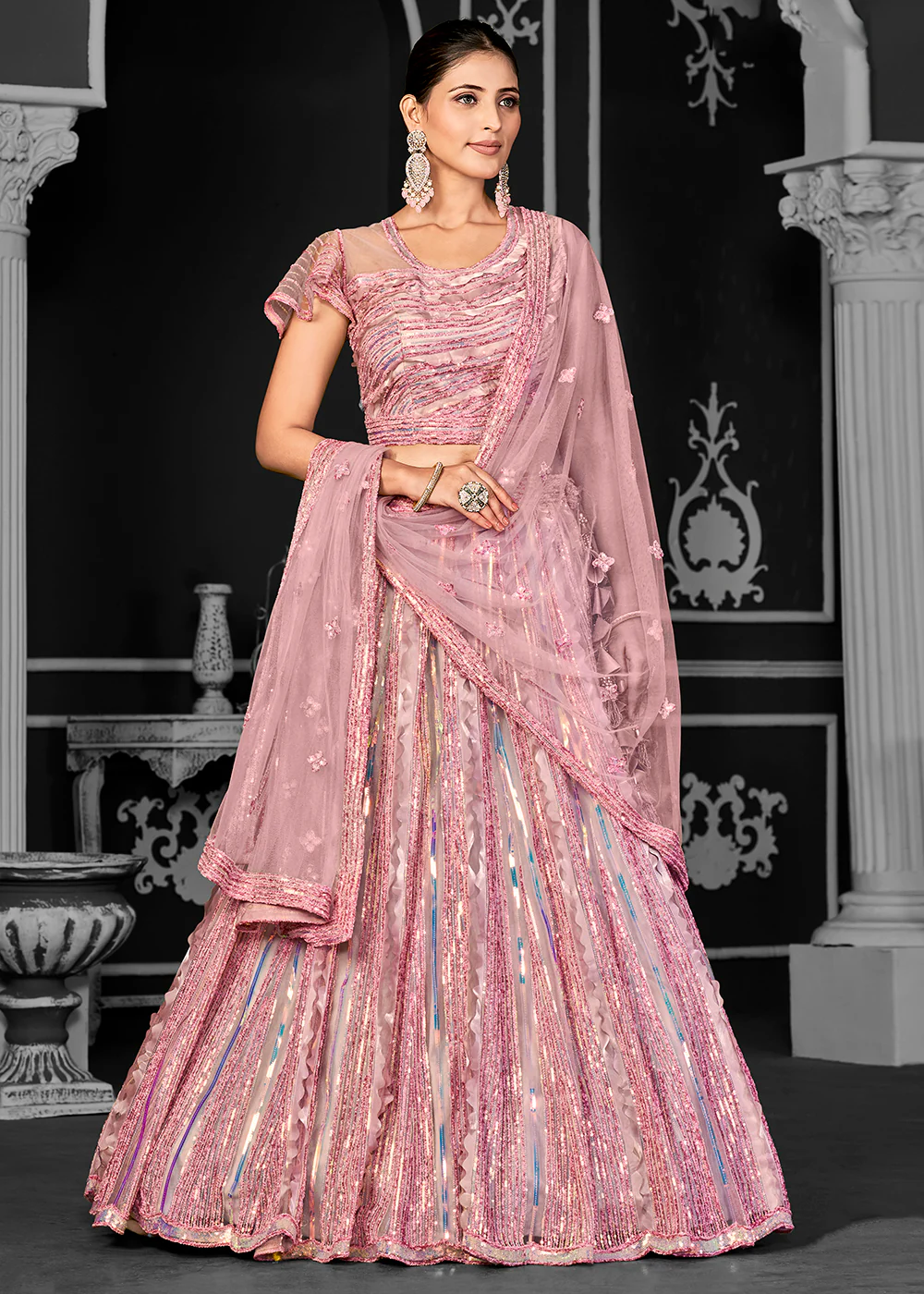 Appealing Pink Net Embroidered Bridal Party Lehenga Choli