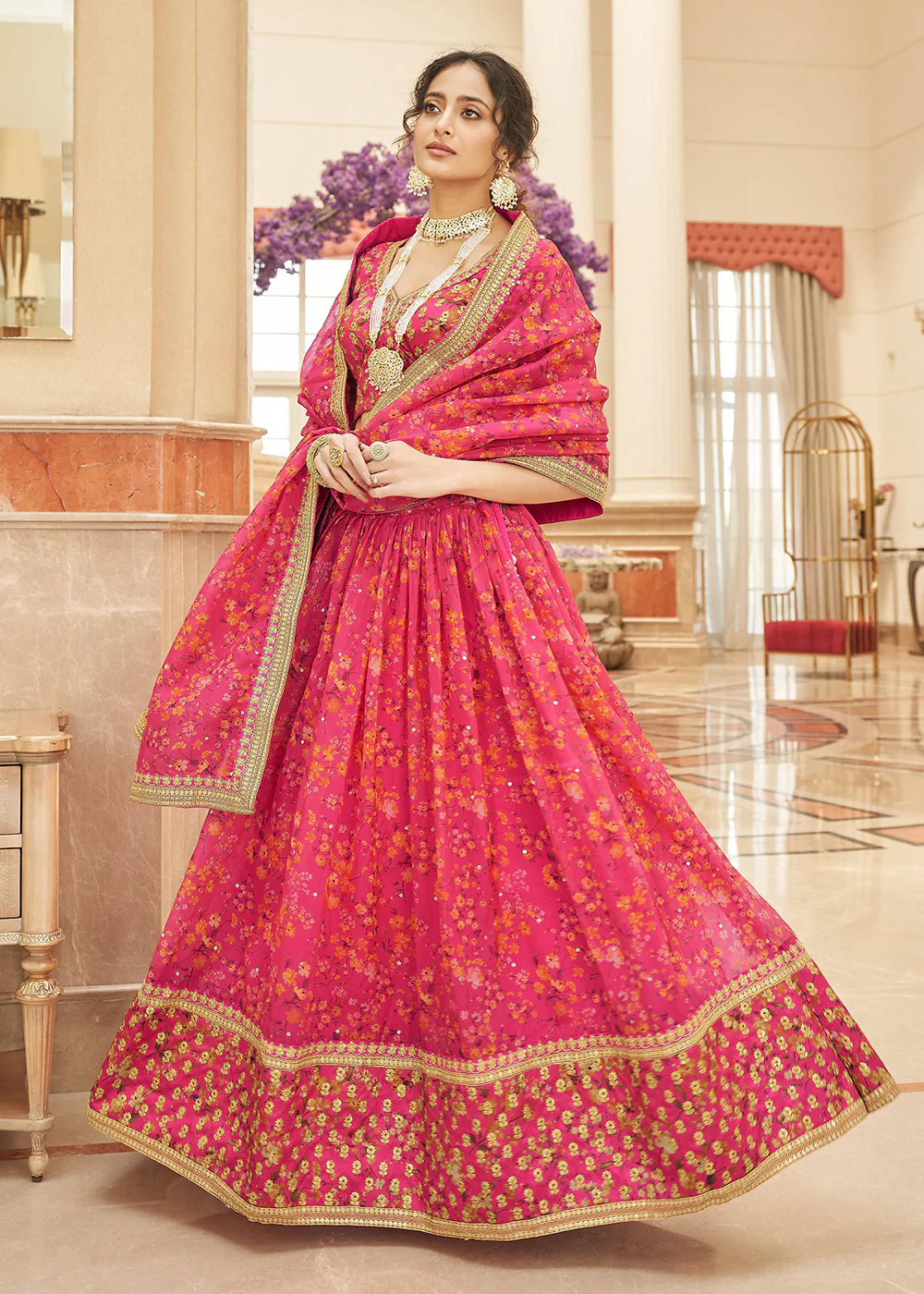 Appealing Pink Organza Heavy Embroidery Wedding Lehenga Choli - Image 3