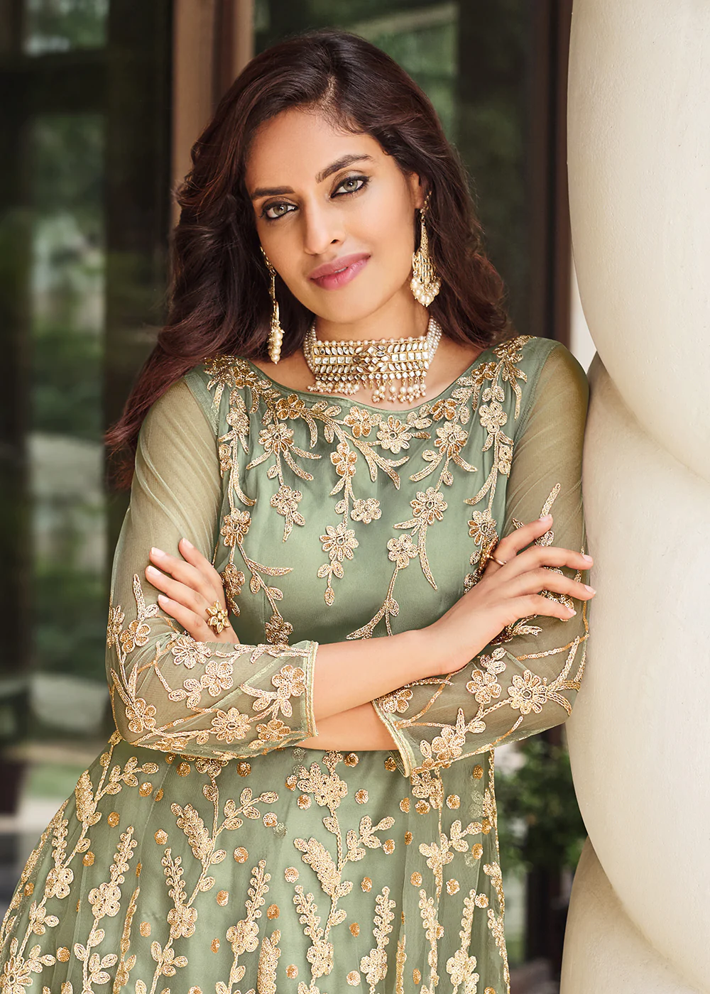 Appealing Pista Green Designer Front Slit Anarkali Dress - Image 2