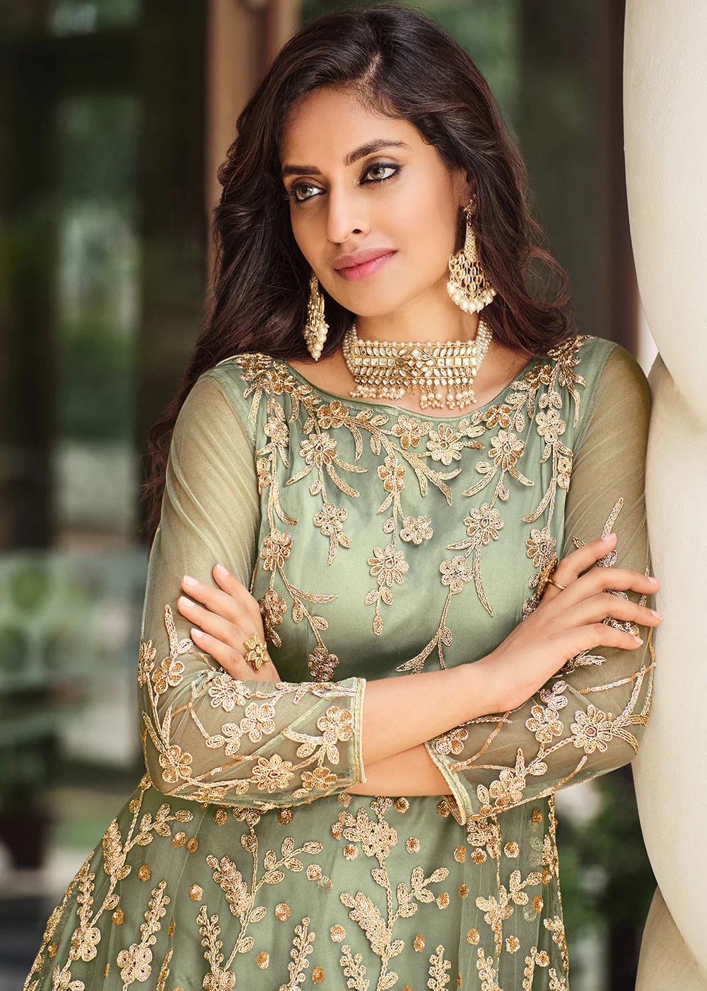 Appealing Pista Green Designer Front Slit Anarkali Dress - Image 4