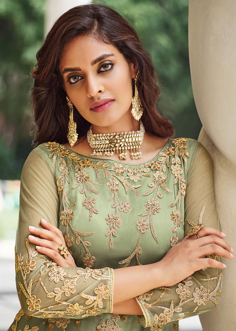 Appealing Pista Green Designer Front Slit Anarkali Dress - Image 5