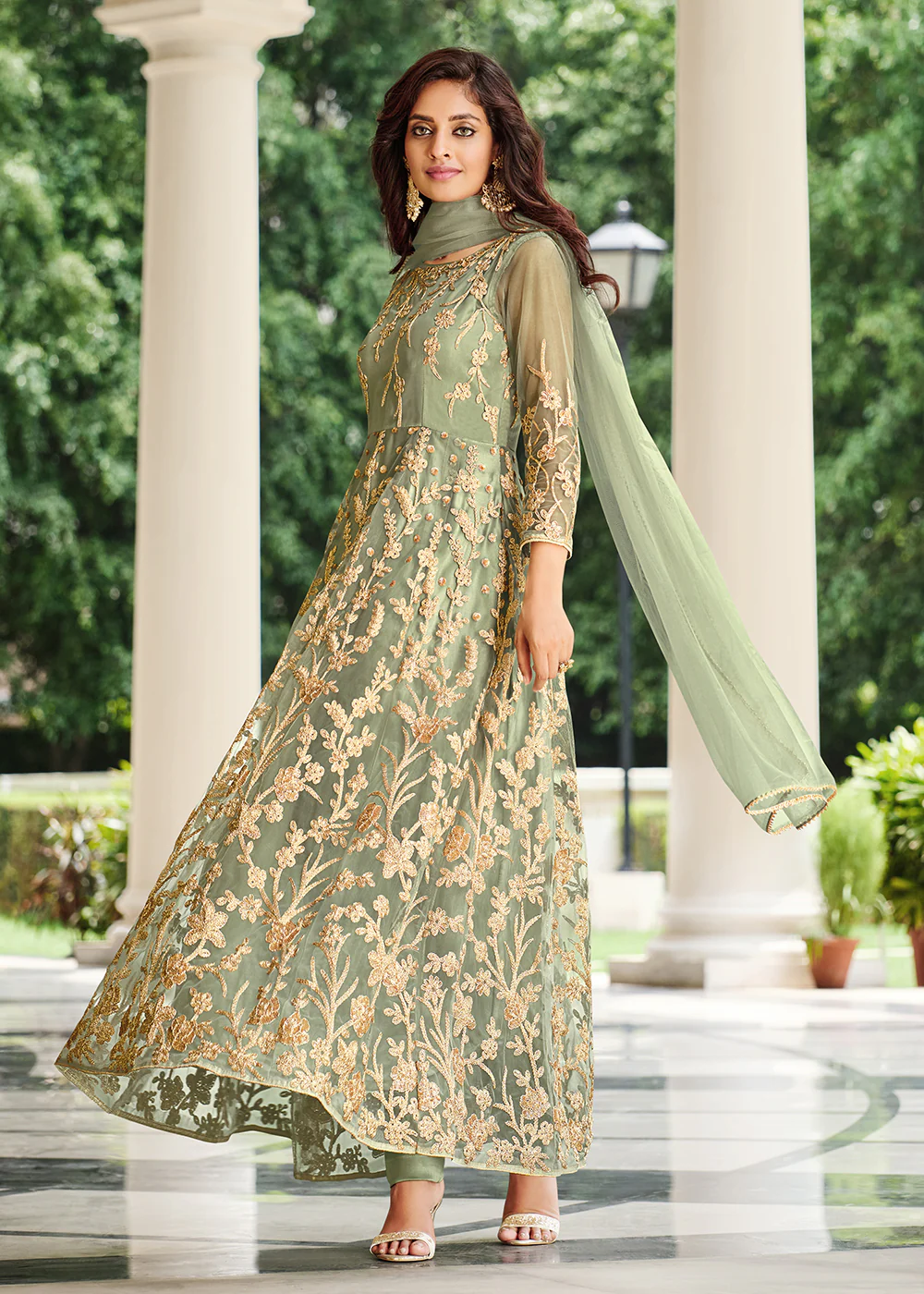 Appealing Pista Green Designer Front Slit Anarkali Dress - Image 6