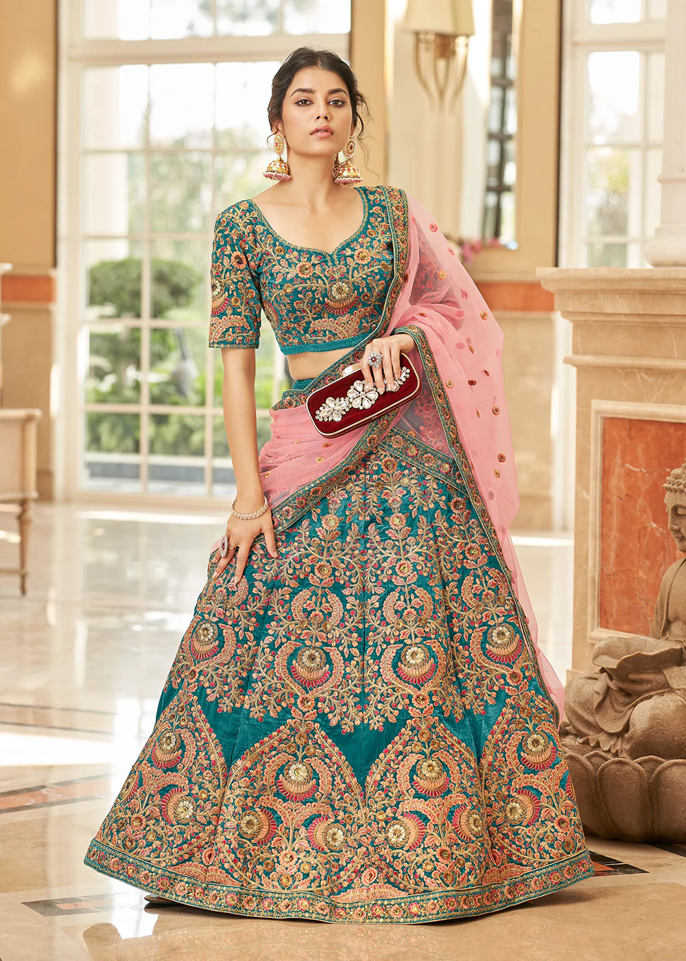 Appealing Teal Blue Velvet Heavy Embroidery Wedding Lehenga Choli - Image 3