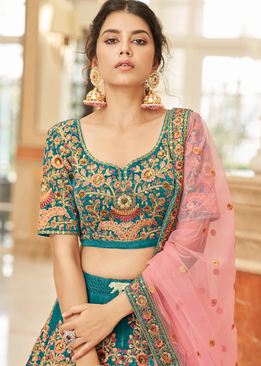 Appealing Teal Blue Velvet Heavy Embroidery Wedding Lehenga Choli - Image 4