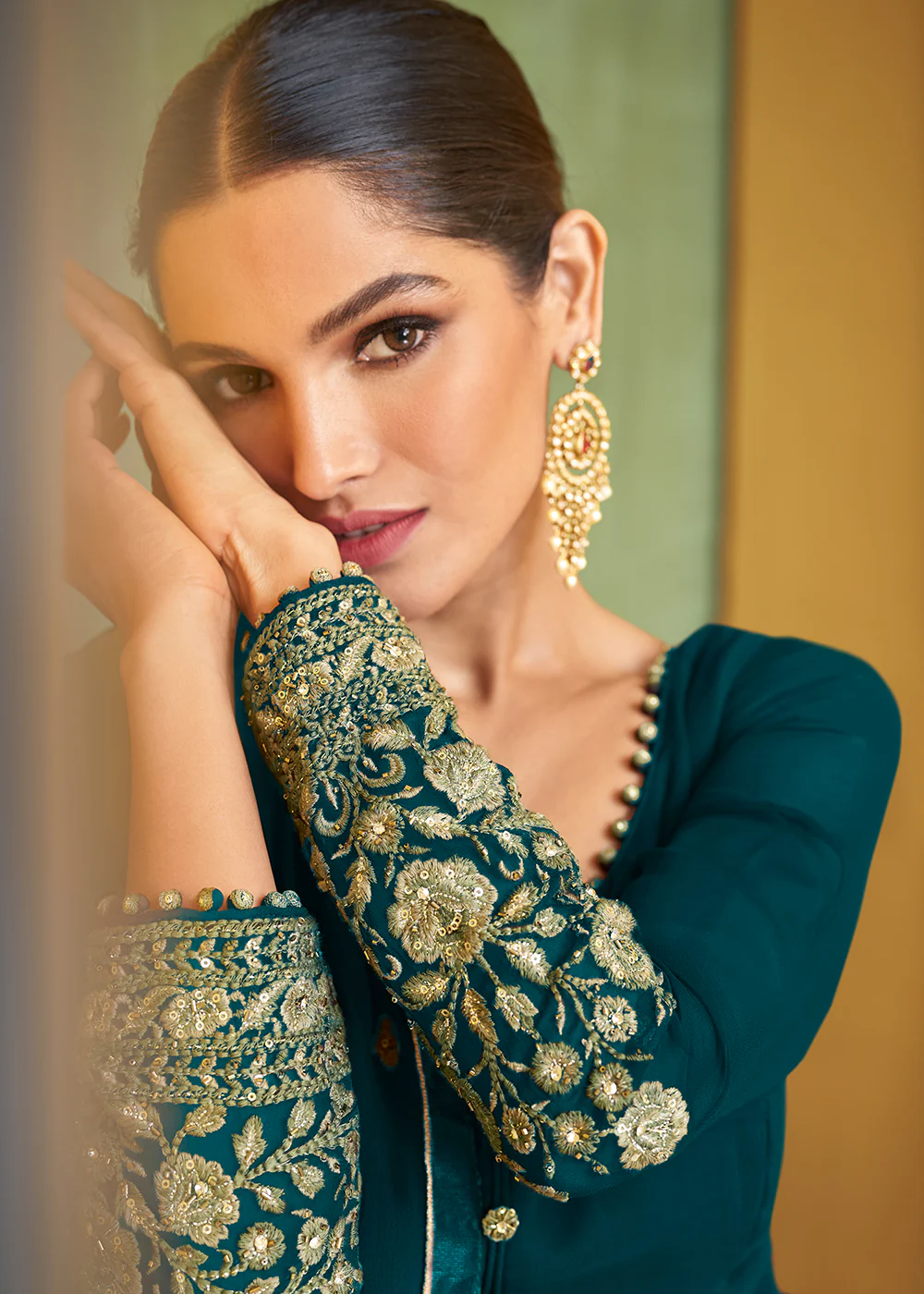 Appealing Teal Blue Wedding Embroidered Bridal Anarkali Gown - Image 2