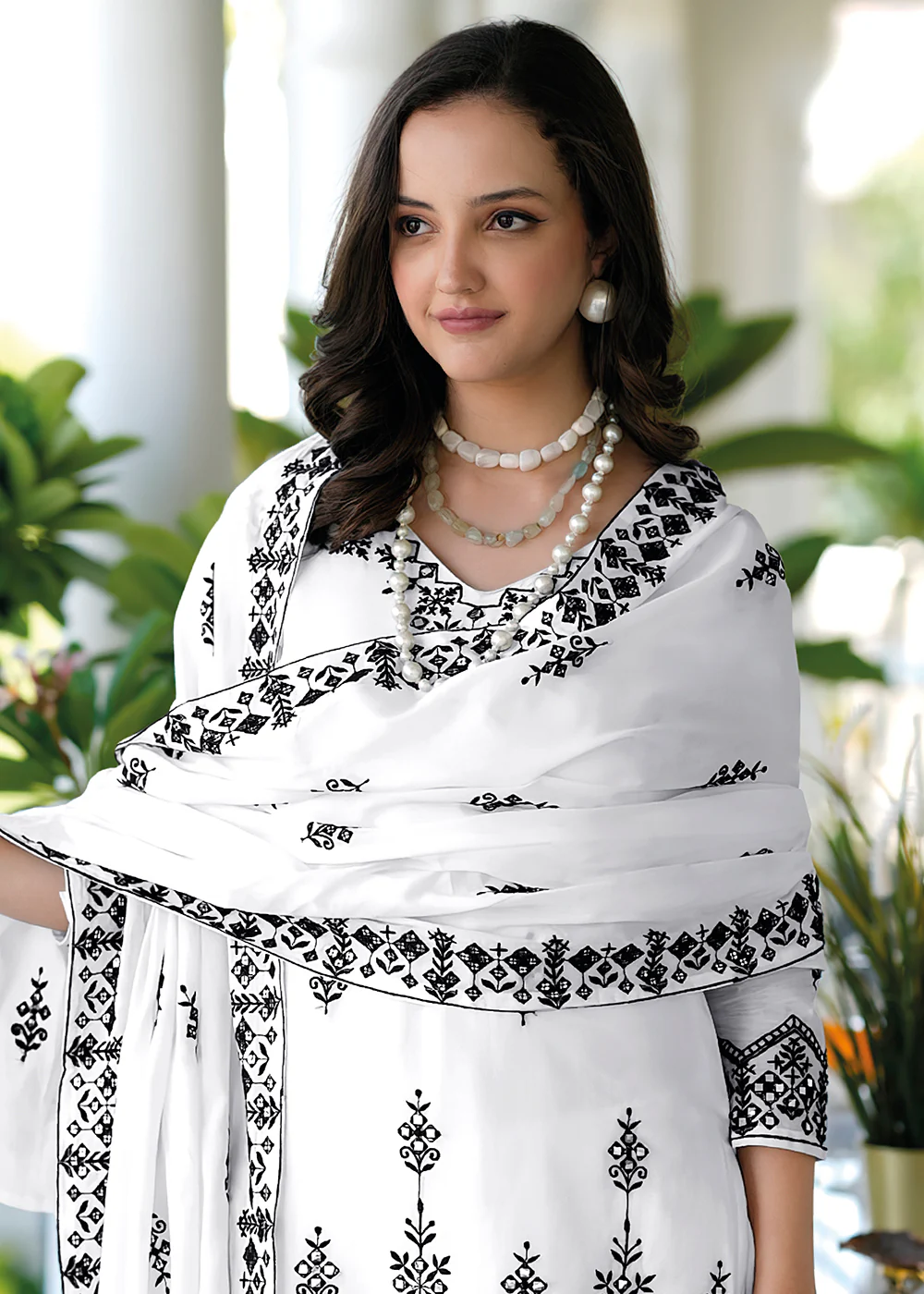 Appealing White Mal Mal Embroidered Festive Sharara Suit - Image 2