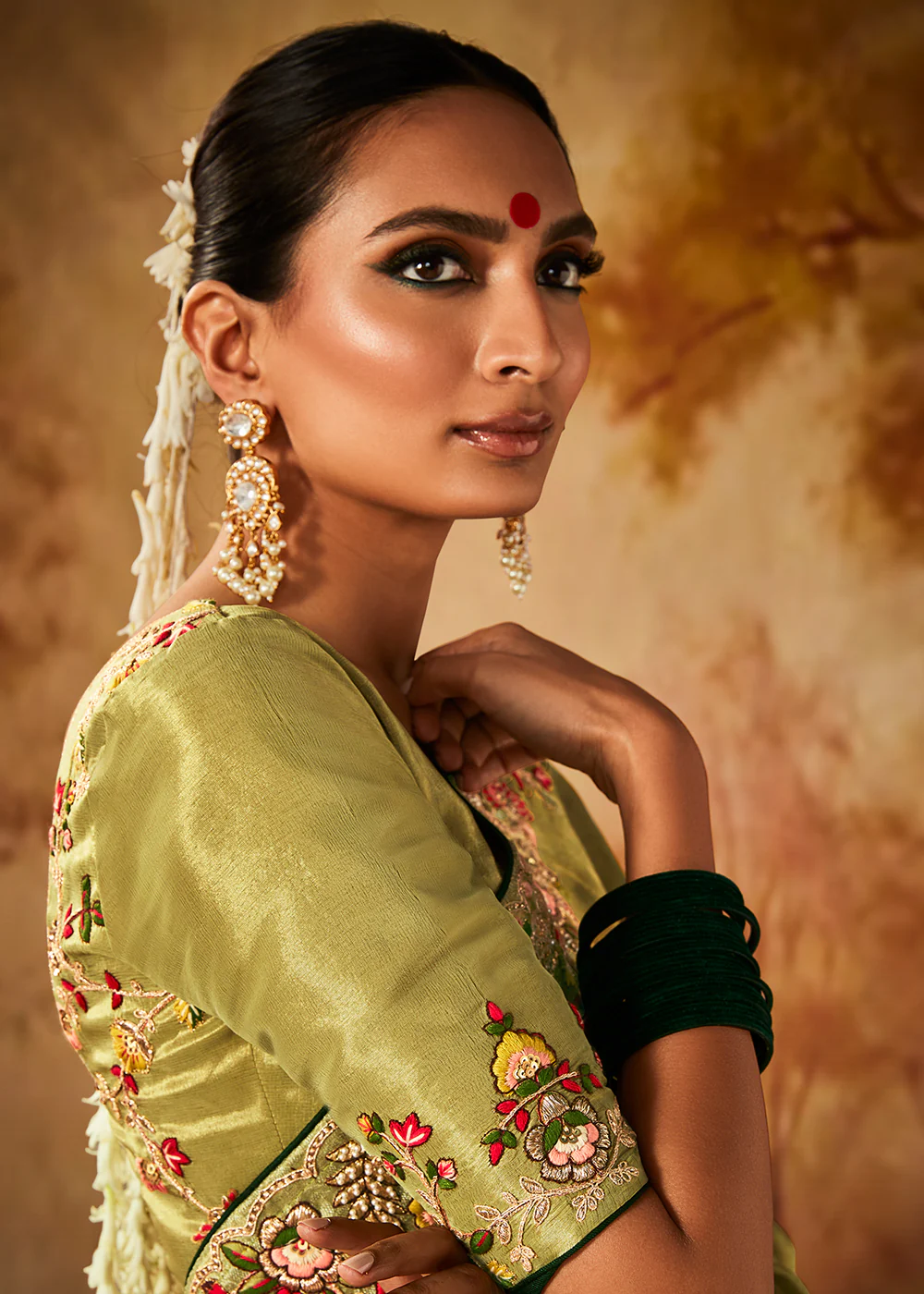 Apple Green Wedding Wear Embroidered Kanjivaram Silk Saree - Image 2